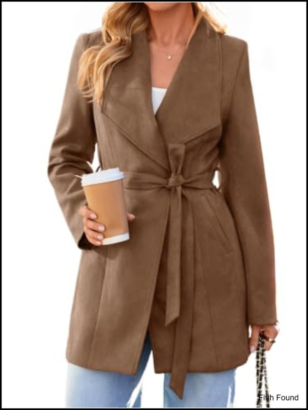 Faux Suede Trench Coat Tie Waist Open Front Casual Fall Outerwear